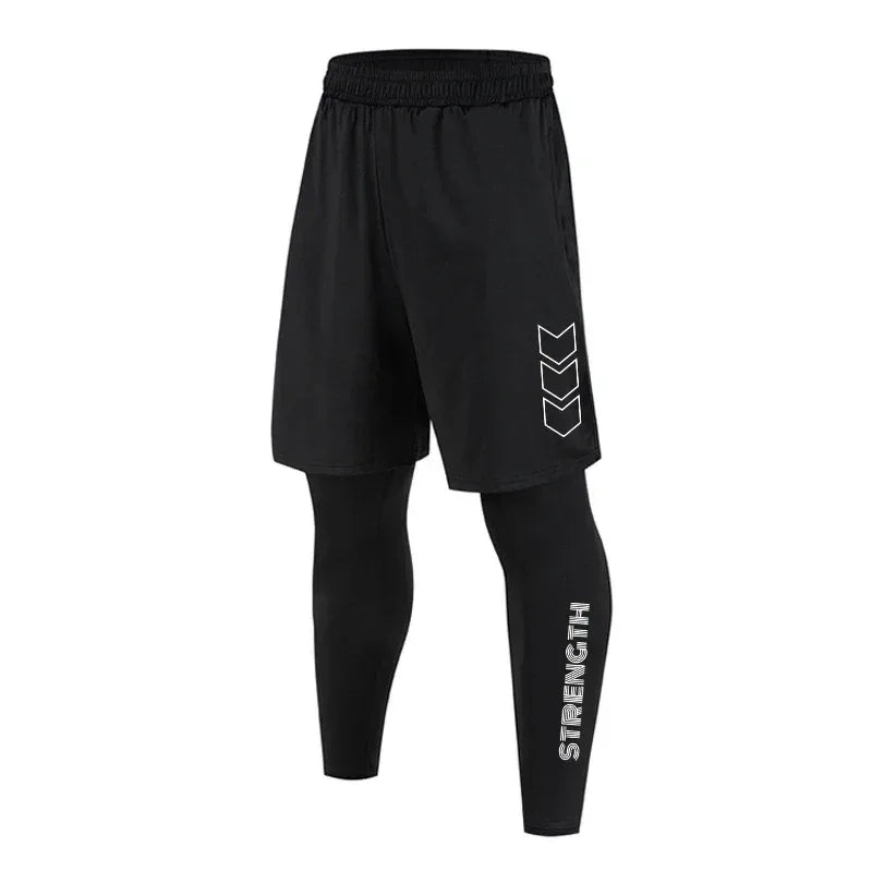 Black athletic shorts with a logo on a white background