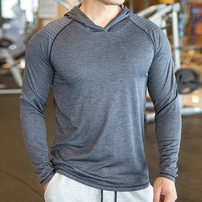 grey - Front view of a men’s slim fit hooded gym shirt featuring a tapered athletic cut and drawstring hood -  BetterPlace