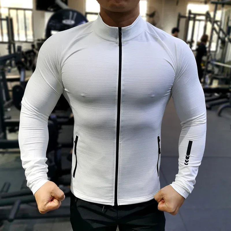 man in white jacket flexing Front view of a men’s lightweight running jacket featuring a full-zip front and breathable quick-dry fabric - BetterPlace