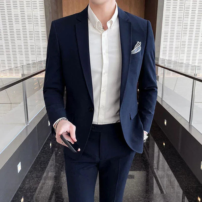 Men's Stylish Handsome Solid Color Suit Two-Piece Set M-4XL High Quality Formal Casual Banquet Fit Trousers Included - BetterPlace