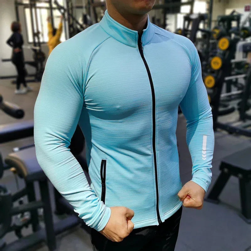 blue jacket flexing Front view of a men’s lightweight running jacket featuring a full-zip front and breathable quick-dry fabric - BetterPlace