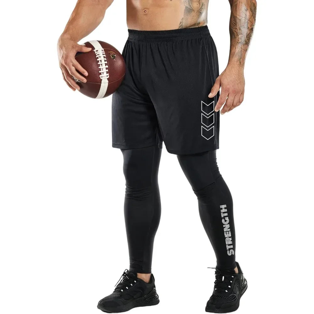 Person wearing black athletic pants with 'Strength' branding, holding a football on a white background