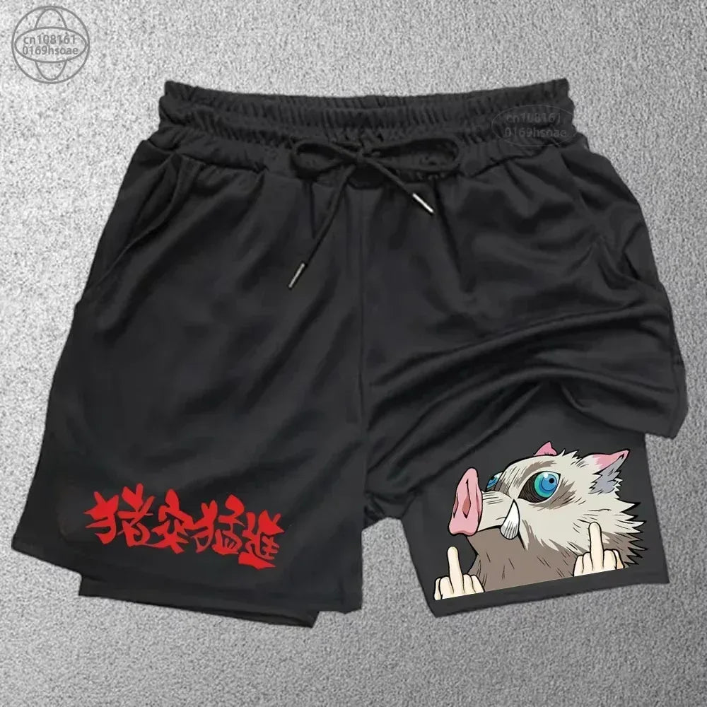 Black shorts with a cartoon character and red text on a gray background