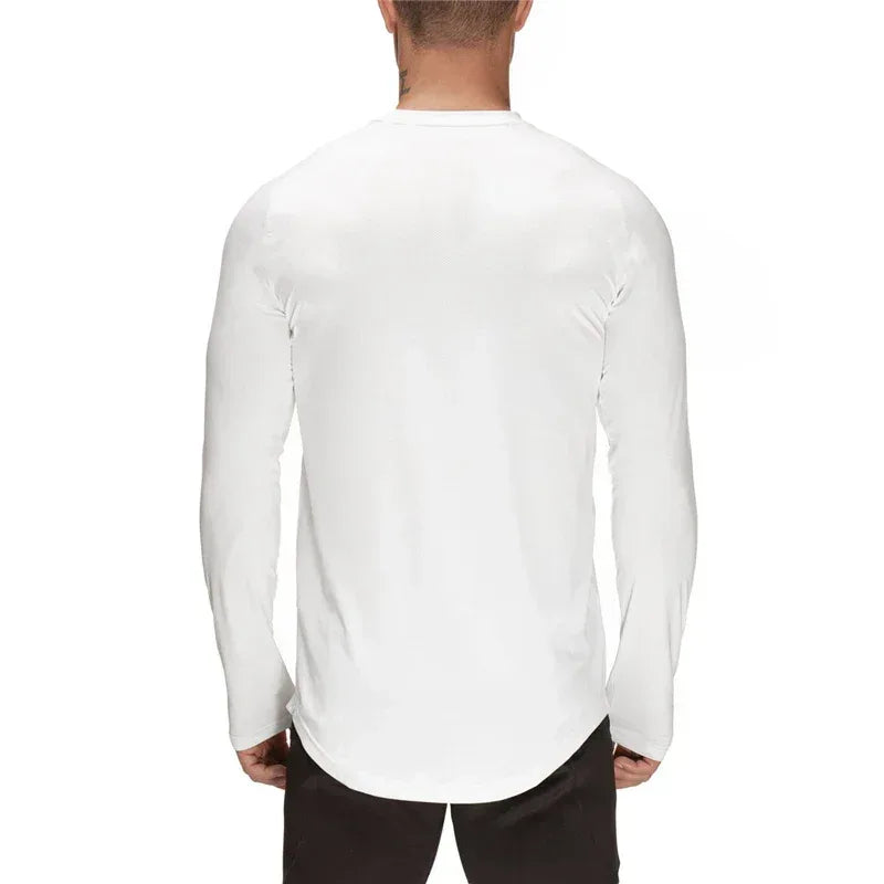 White long-sleeve shirt worn by a person on a white background