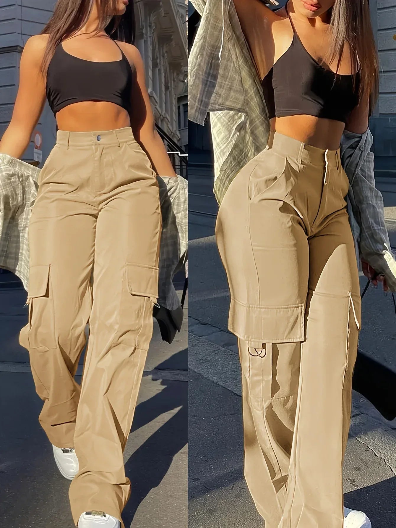 Woman wearing a black sports bra and beige cargo pants on a city street.