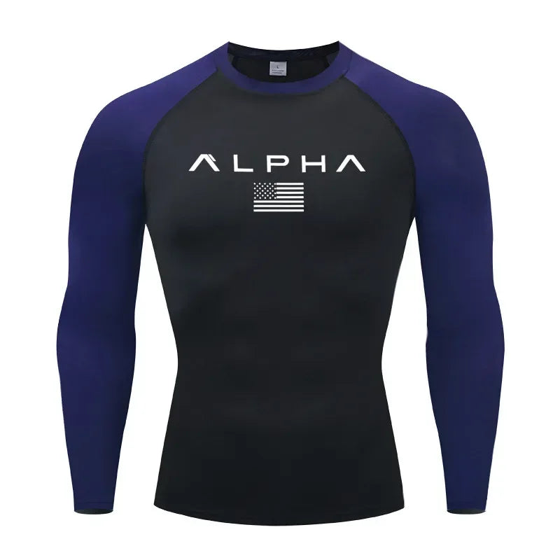 black and blue Front view of a men’s quick-dry compression shirt with a supportive muscle-fit design - BetterPlace
