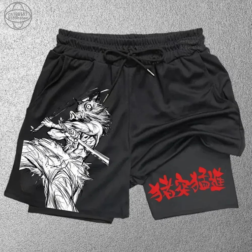 Black shorts with a graphic design and red text on a gray background