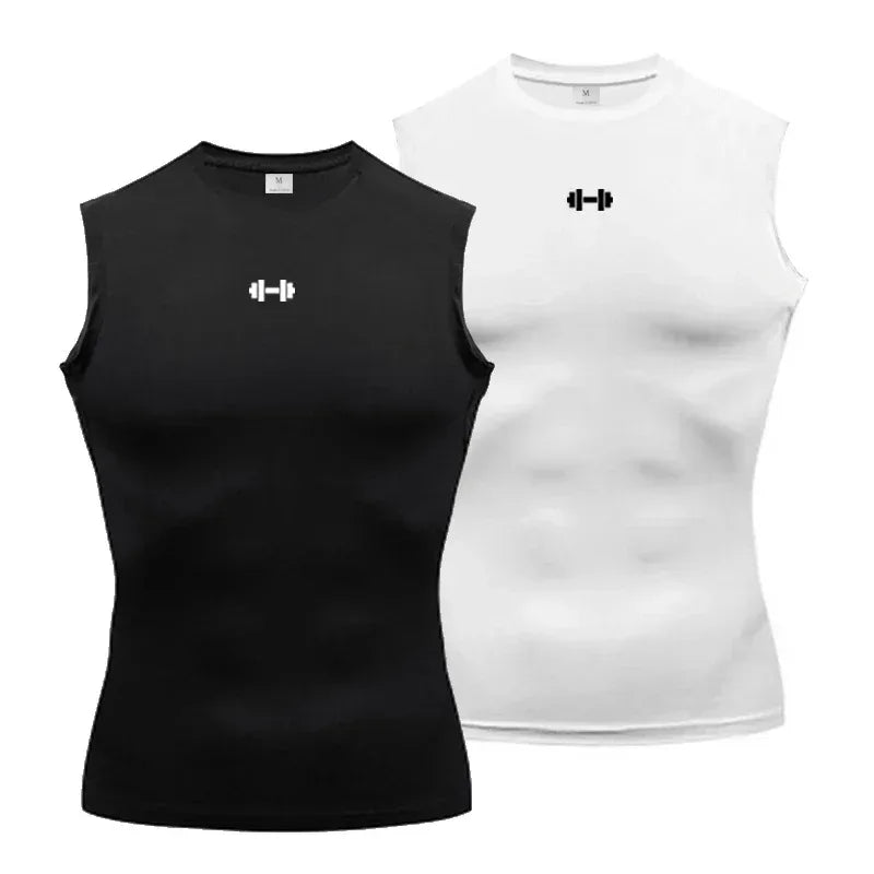 Black and white sleeveless shirts with dumbbell icon on a white background