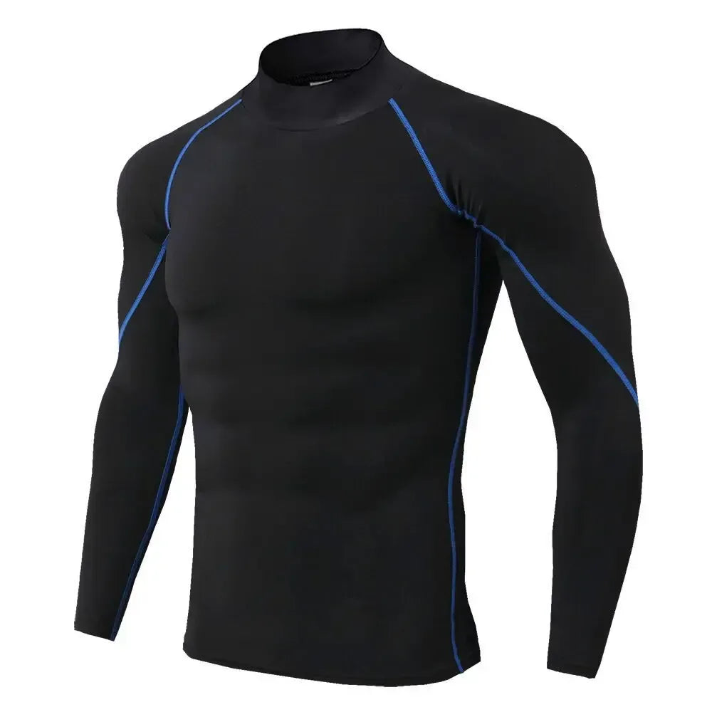 black with blue stitching Front view of a men’s quick-dry compression shirt featuring a high-stretch athletic fit and crew neck - BetterPlace