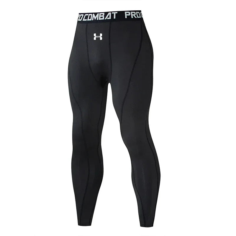 Black compression leggings with a visible brand logo on a white background