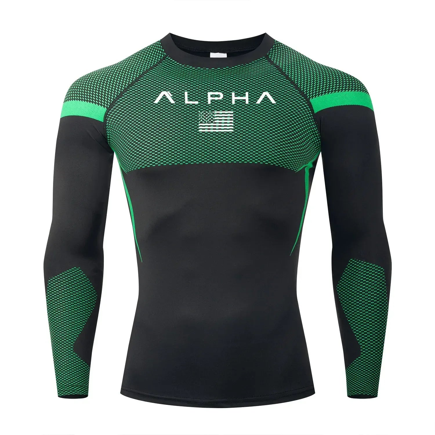 black and green Front view of a men’s quick-dry compression shirt with a supportive muscle-fit design.- BetterPlace