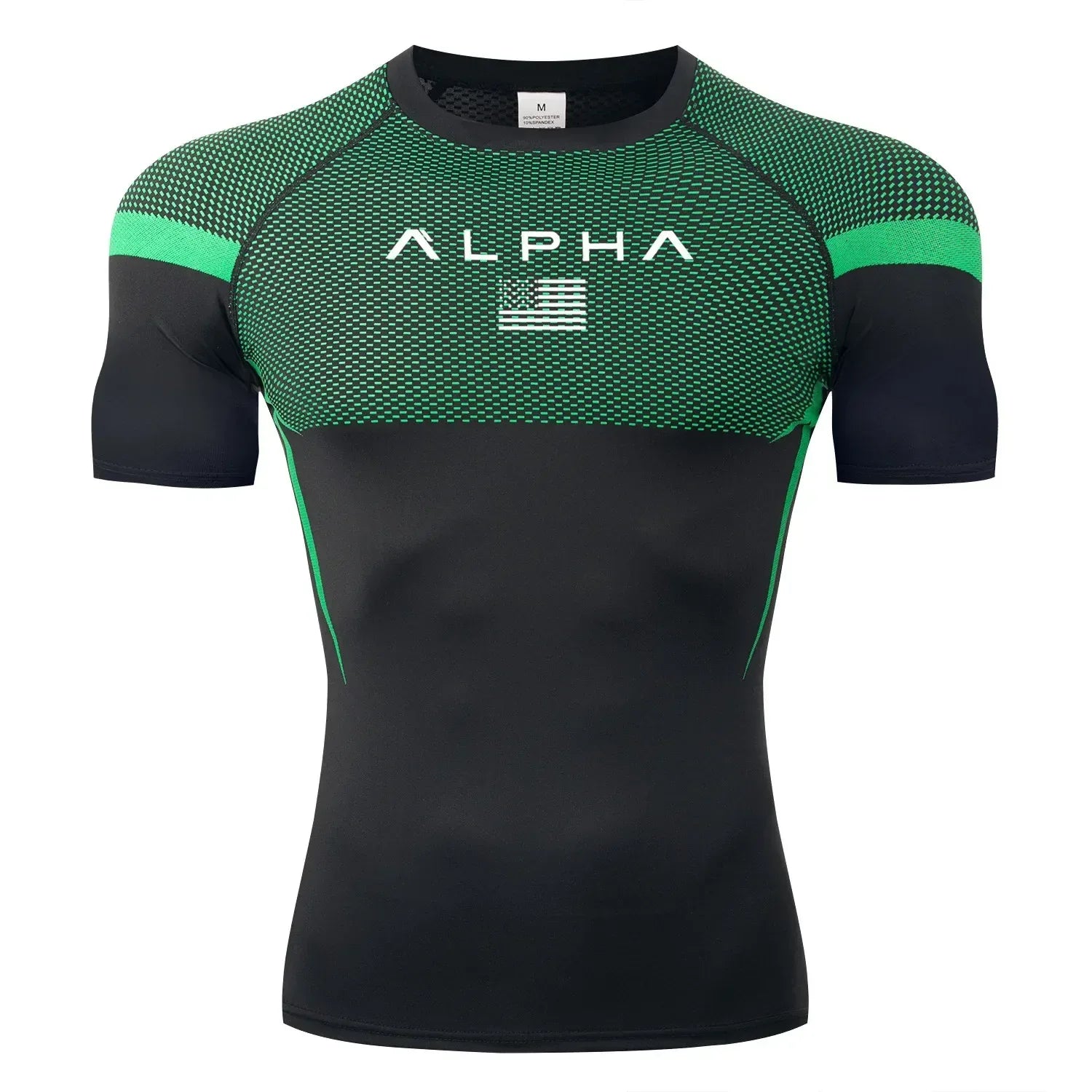 black and green short sleeve Front view of a men’s quick-dry compression shirt with a supportive muscle-fit design. - BetterPlace