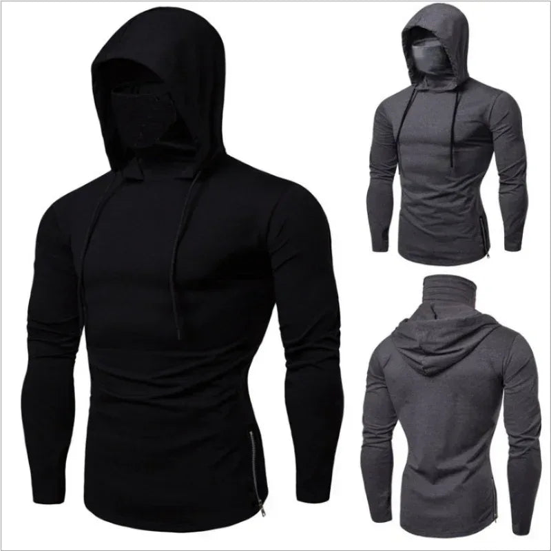 Black and gray hoodies shown from front, back, and side views on a white background