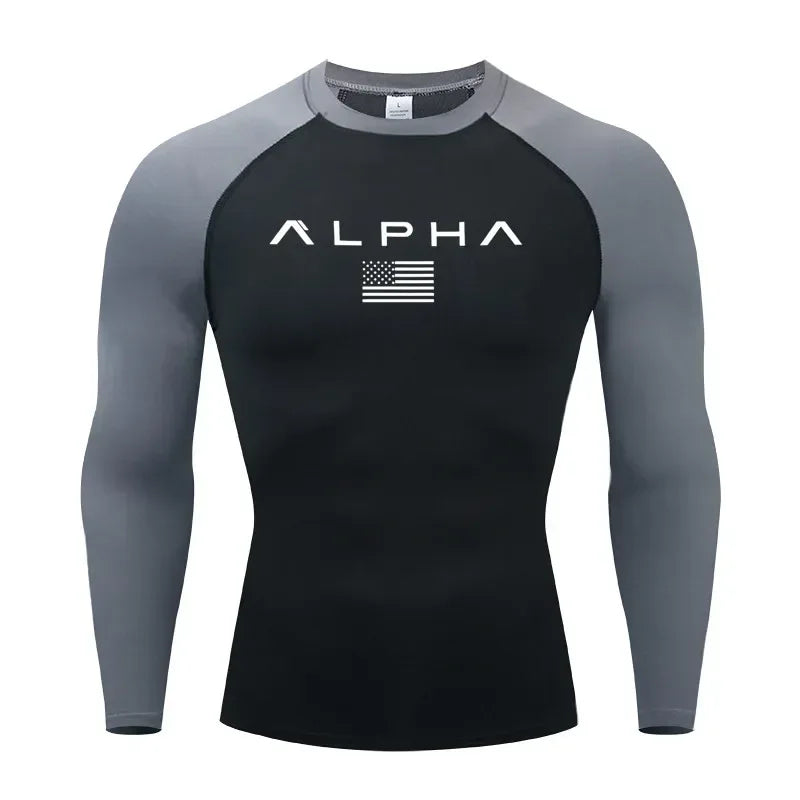 black and grey long sleeve Front view of a men’s quick-dry compression shirt with a supportive muscle-fit design - BetterPlace