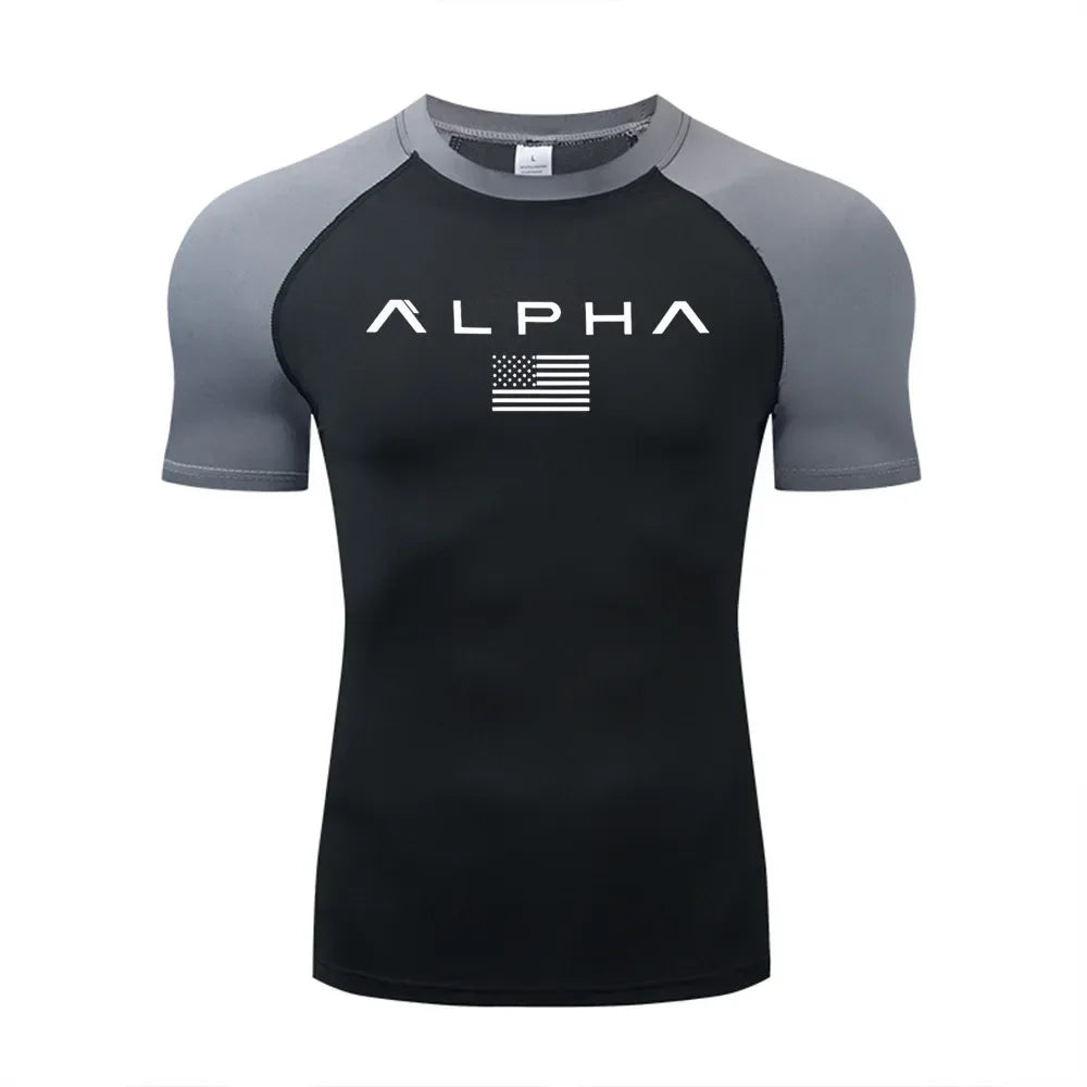black and grey short sleeve Front view of a men’s quick-dry compression shirt with a supportive muscle-fit design - BetterPlace