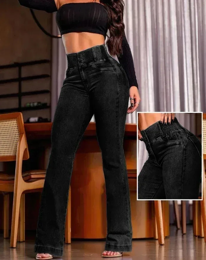 Person wearing black high-waisted jeans with a close-up inset showing the fabric texture.