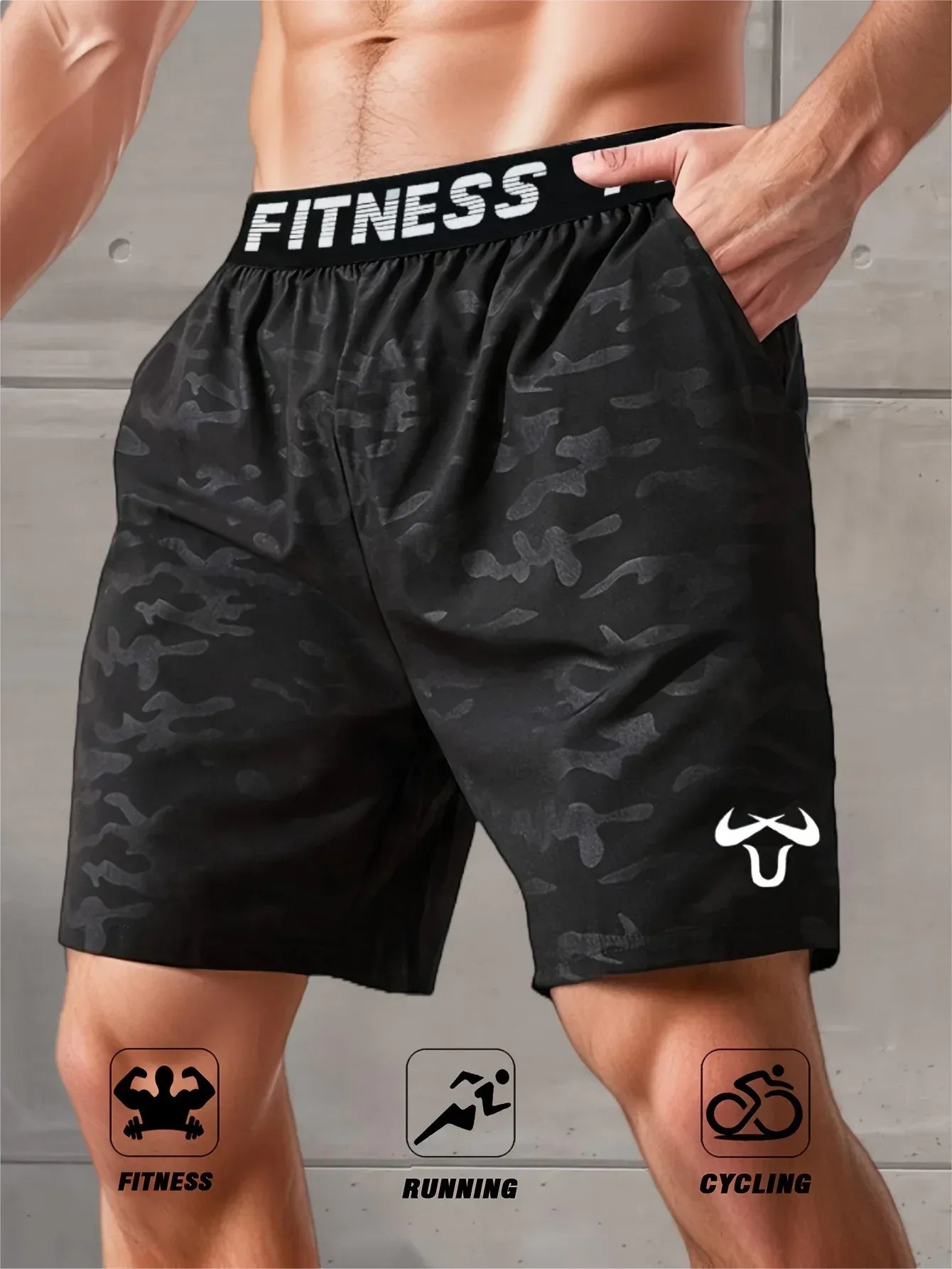 Black camouflage fitness shorts with 'Fitness' text on a gray background