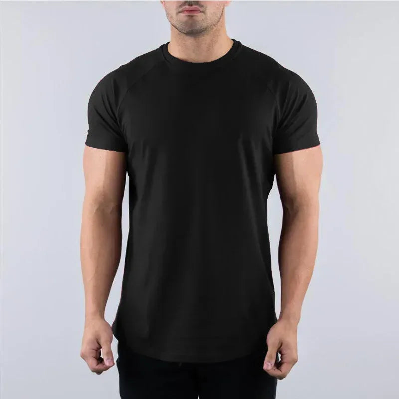 black Front view of a men’s slim fit cotton gym shirt featuring a tapered athletic cut and soft-touch fabric  - BetterPlace