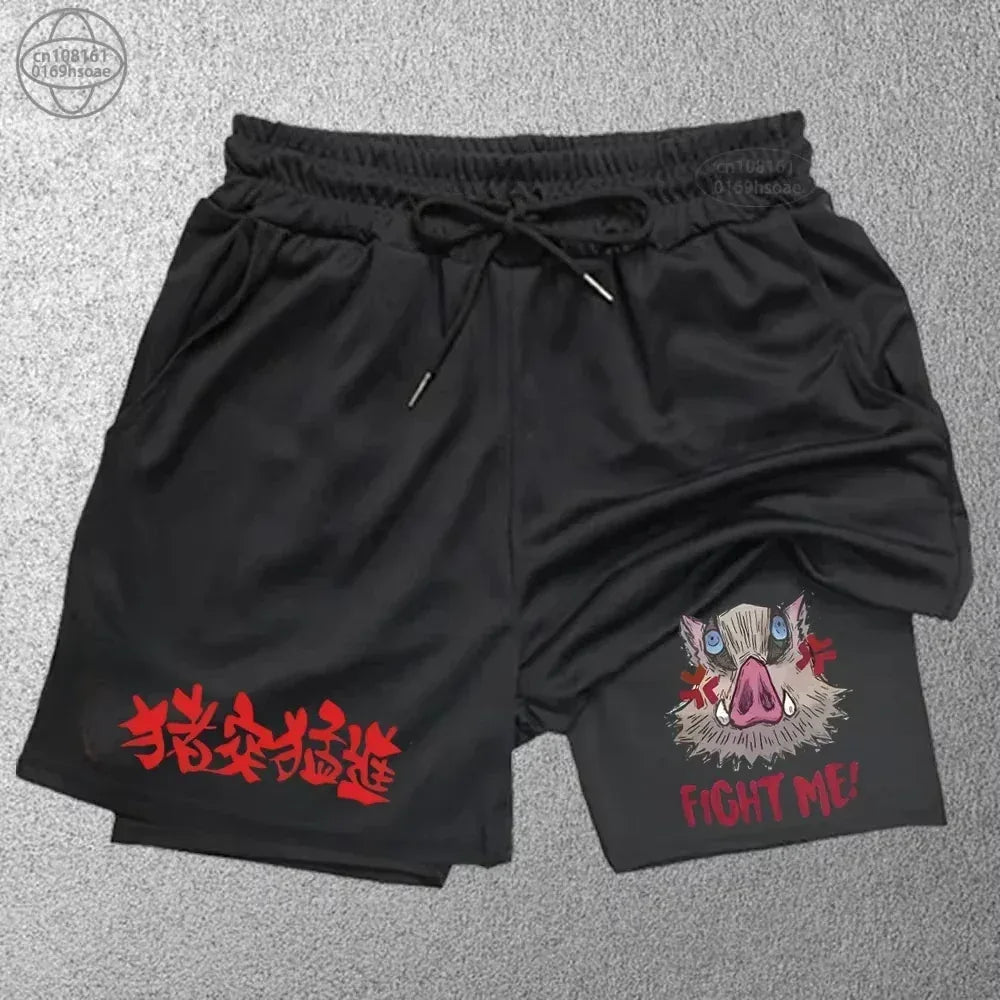 Black shorts with a graphic design and text on a gray background