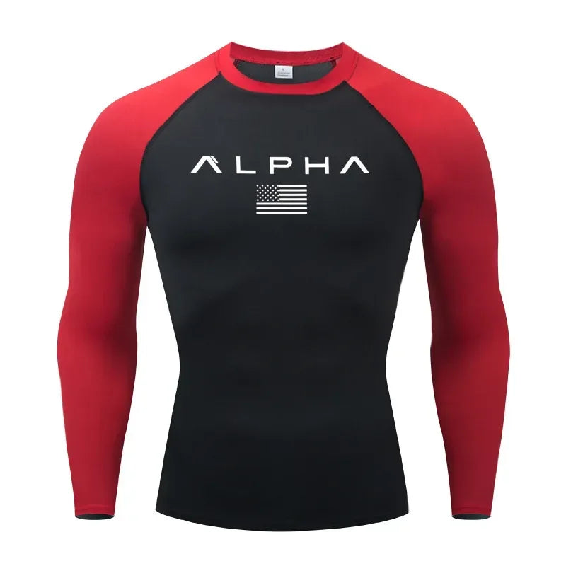 black and red long sleeve Front view of a men’s quick-dry compression shirt with a supportive muscle-fit design - BetterPlace