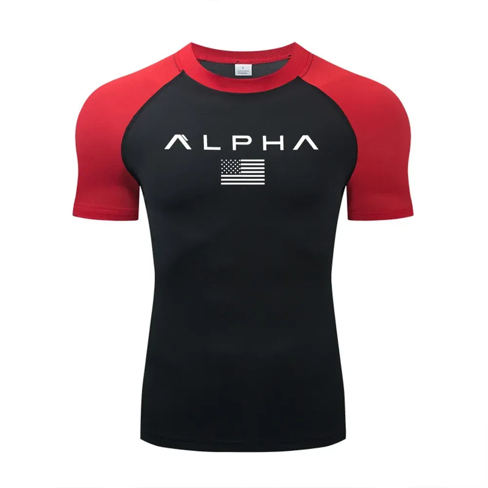 black and red Front view of a men’s quick-dry compression shirt with a supportive muscle-fit design - BetterPlace