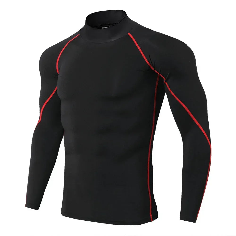 black with red stiching Front view of a men’s quick-dry compression shirt featuring a high-stretch athletic fit and crew neck - BetterPlace