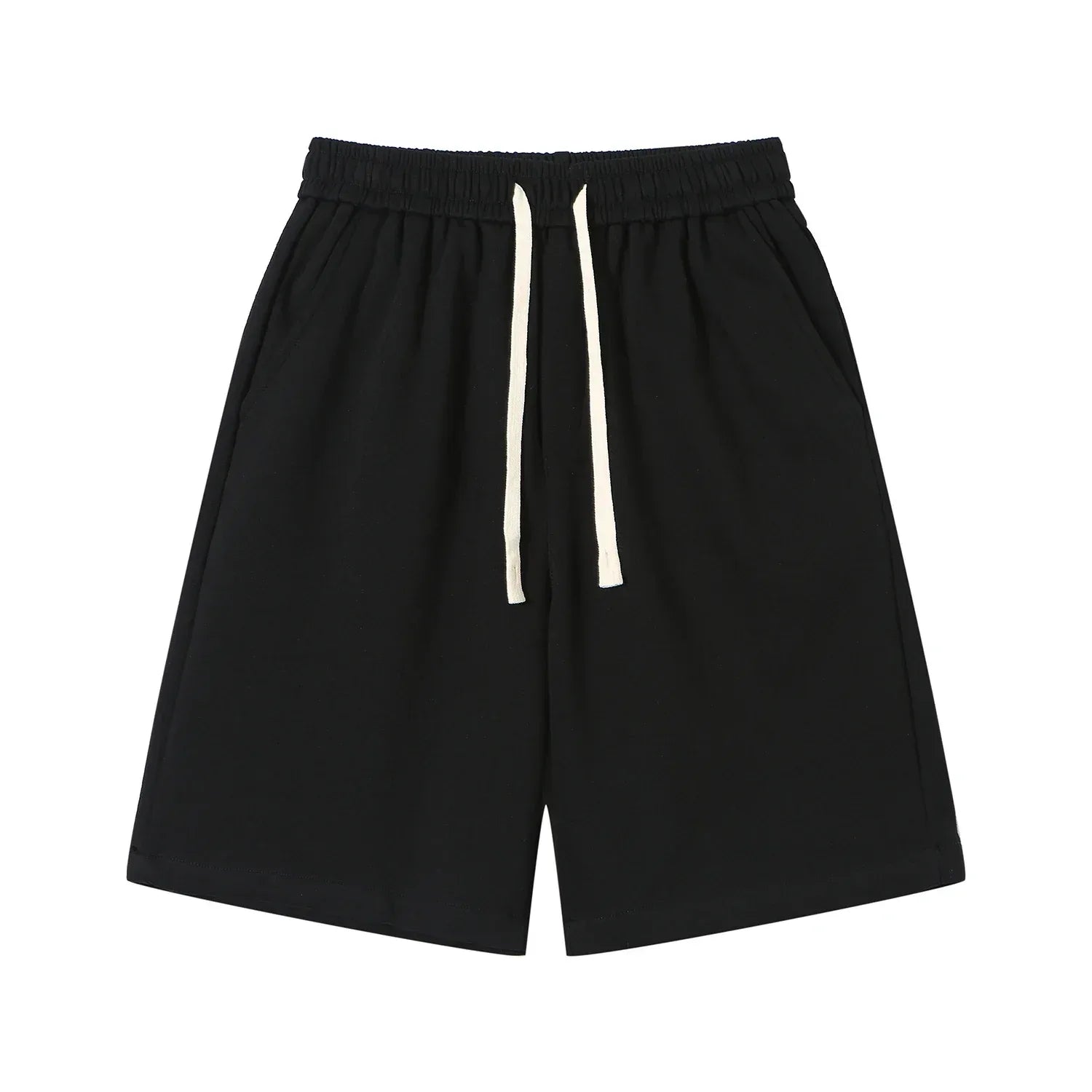 Black shorts with a white drawstring on a white background