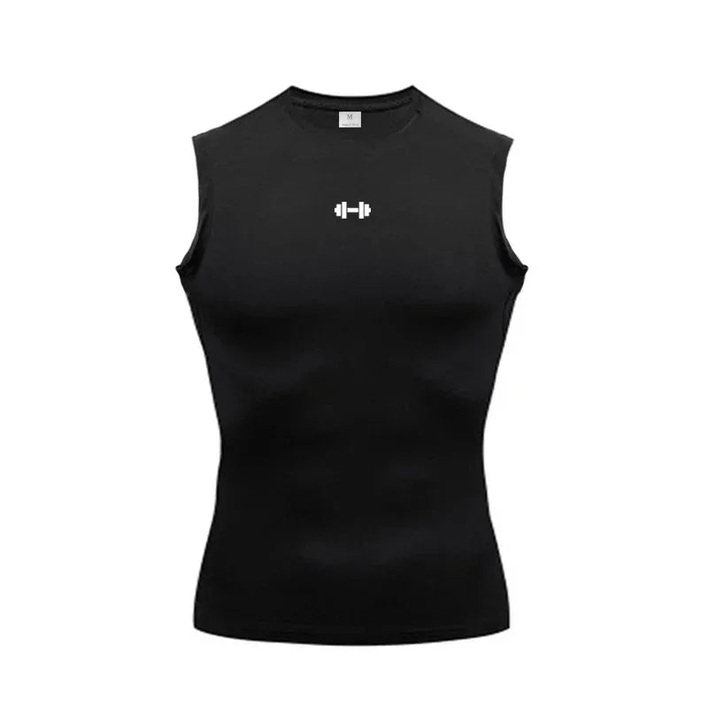 Black sleeveless shirt with a white dumbbell icon on a white background