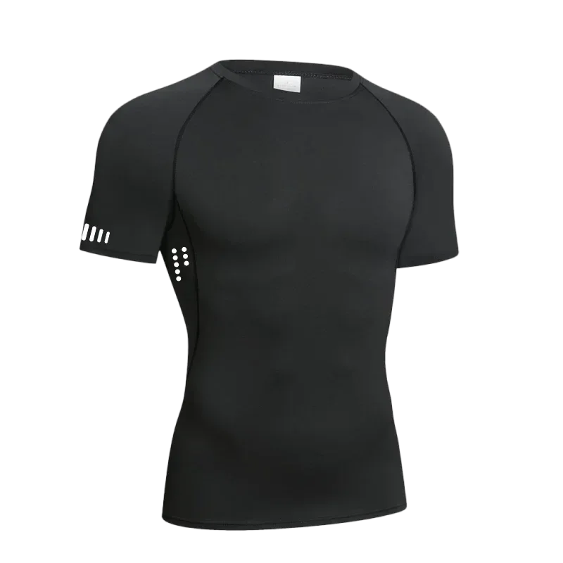 black on black Front view of a men’s short sleeve quick-dry compression shirt featuring a high-stretch crew neck fit - BetterPlace