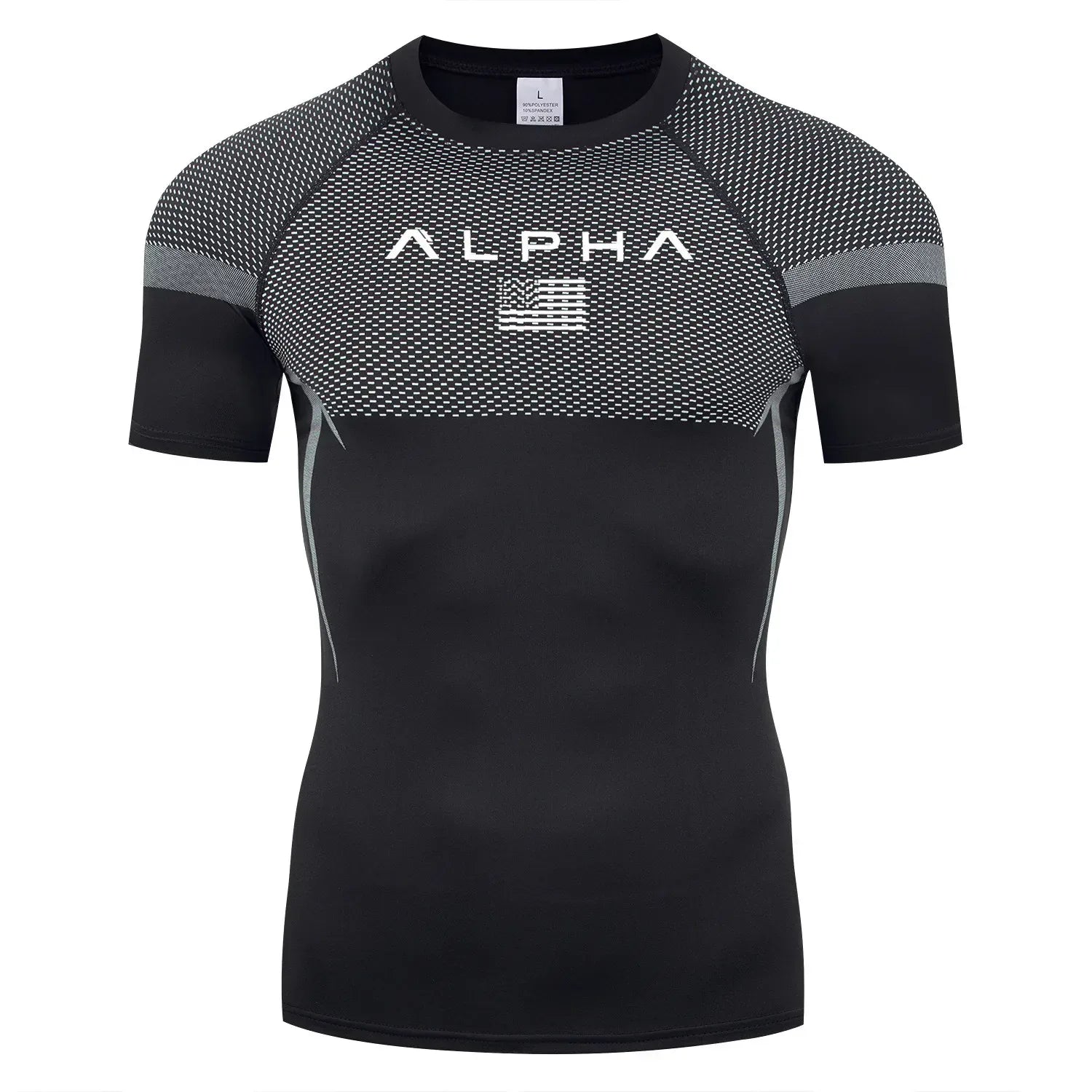 black and white Front view of a men’s quick-dry compression shirt with a supportive muscle-fit design- BetterPlace
