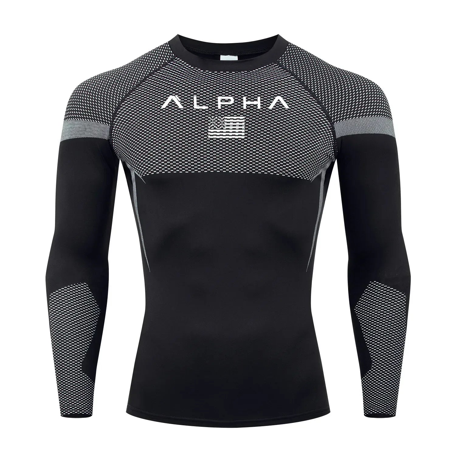 black and white netting design Front view of a men’s quick-dry compression shirt with a supportive muscle-fit design. - BetterPlace