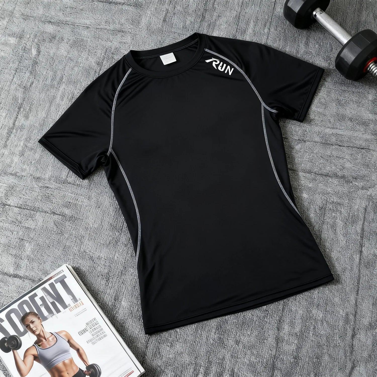 black and white Studio product shot of a men’s short sleeve performance compression top made with breathable 4-way stretch material - BetterPlace