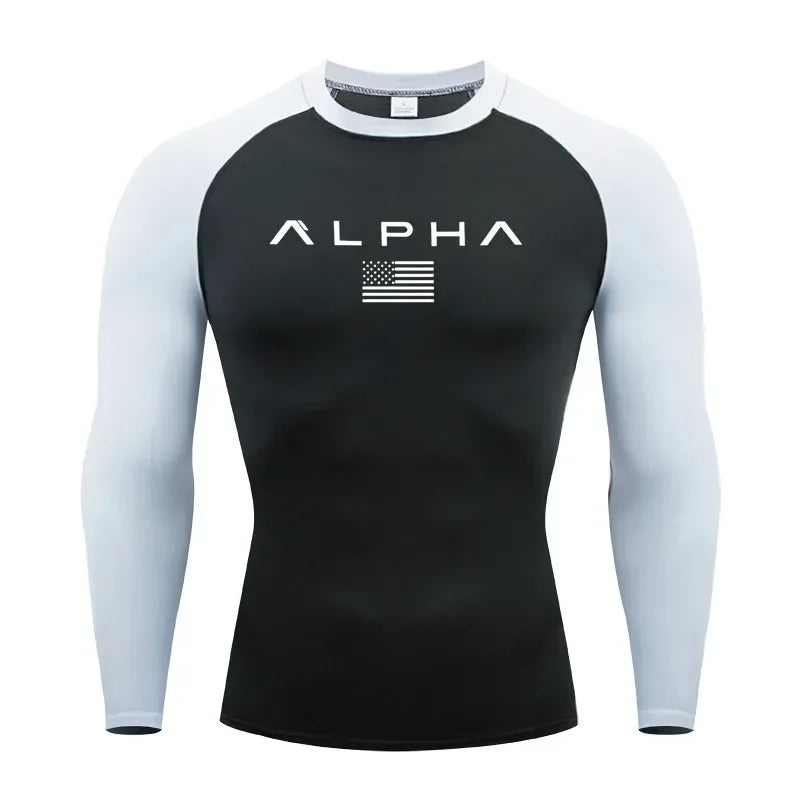black and white Front view of a men’s quick-dry compression shirt with a supportive muscle-fit design - BetterPlace