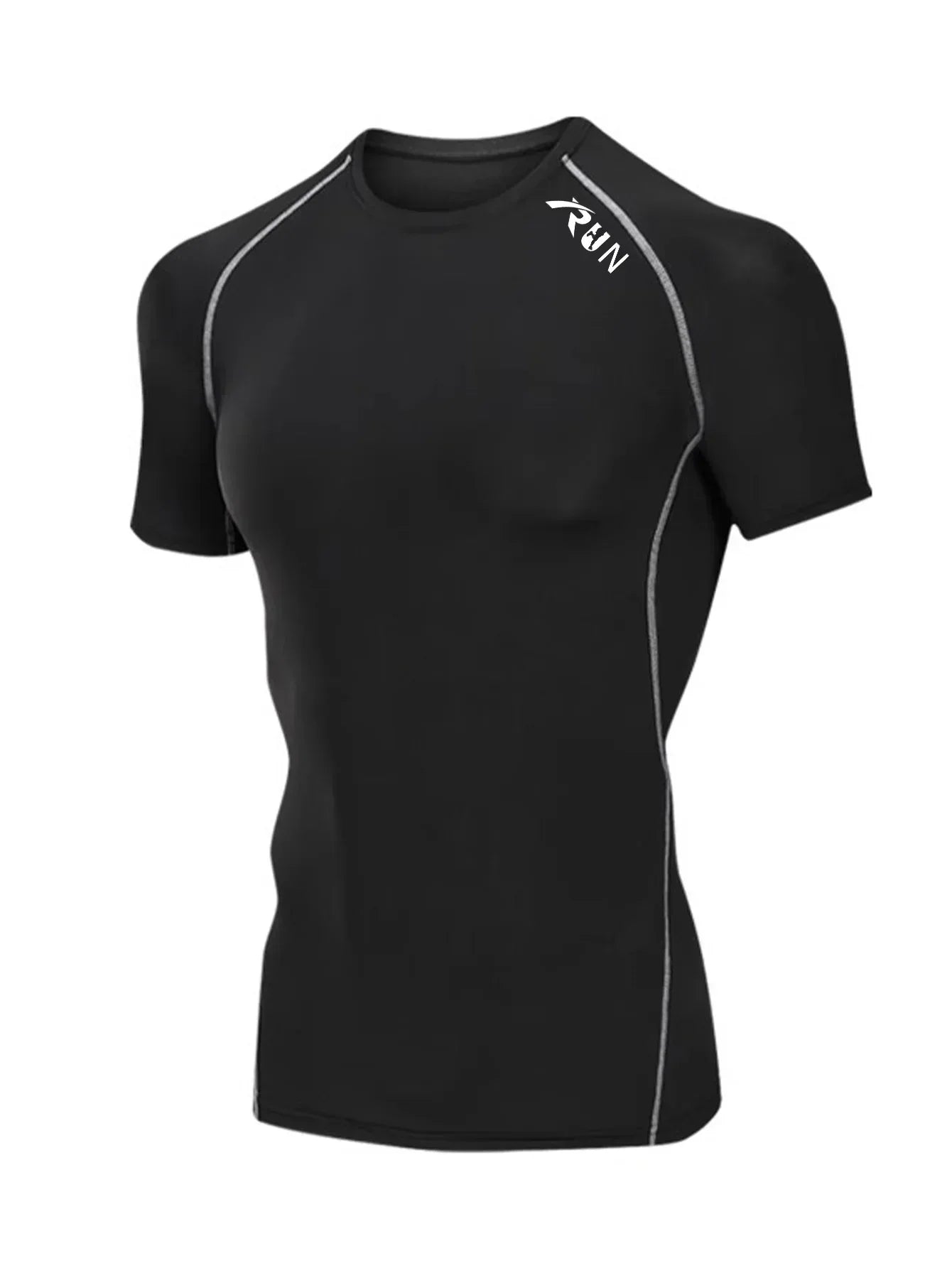 black with white stitching Front view of a men’s short sleeve quick-dry compression shirt featuring a high-stretch crew neck fit- BetterPlace