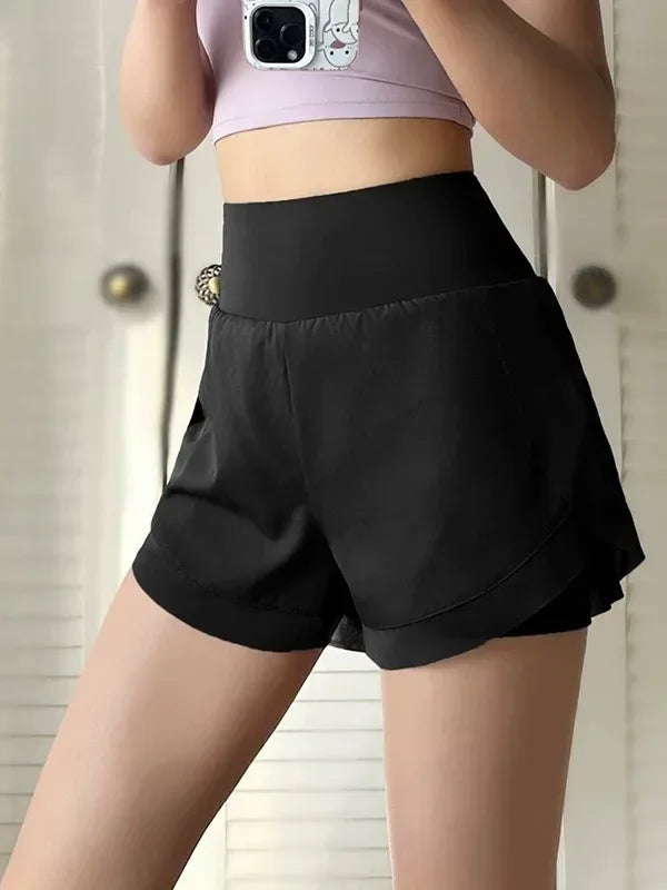 black Front view of women’s 2-in-1 running shorts showing the breathable outer layer and high-waisted fit - BetterPlace