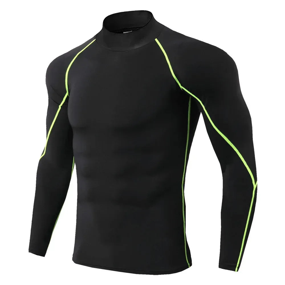 black with yellow stitching Front view of a men’s quick-dry compression shirt featuring a high-stretch athletic fit and crew neck - BetterPlace