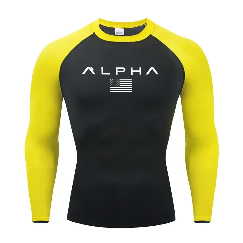 black and yellow Front view of a men’s quick-dry compression shirt with a supportive muscle-fit design - BetterPlace