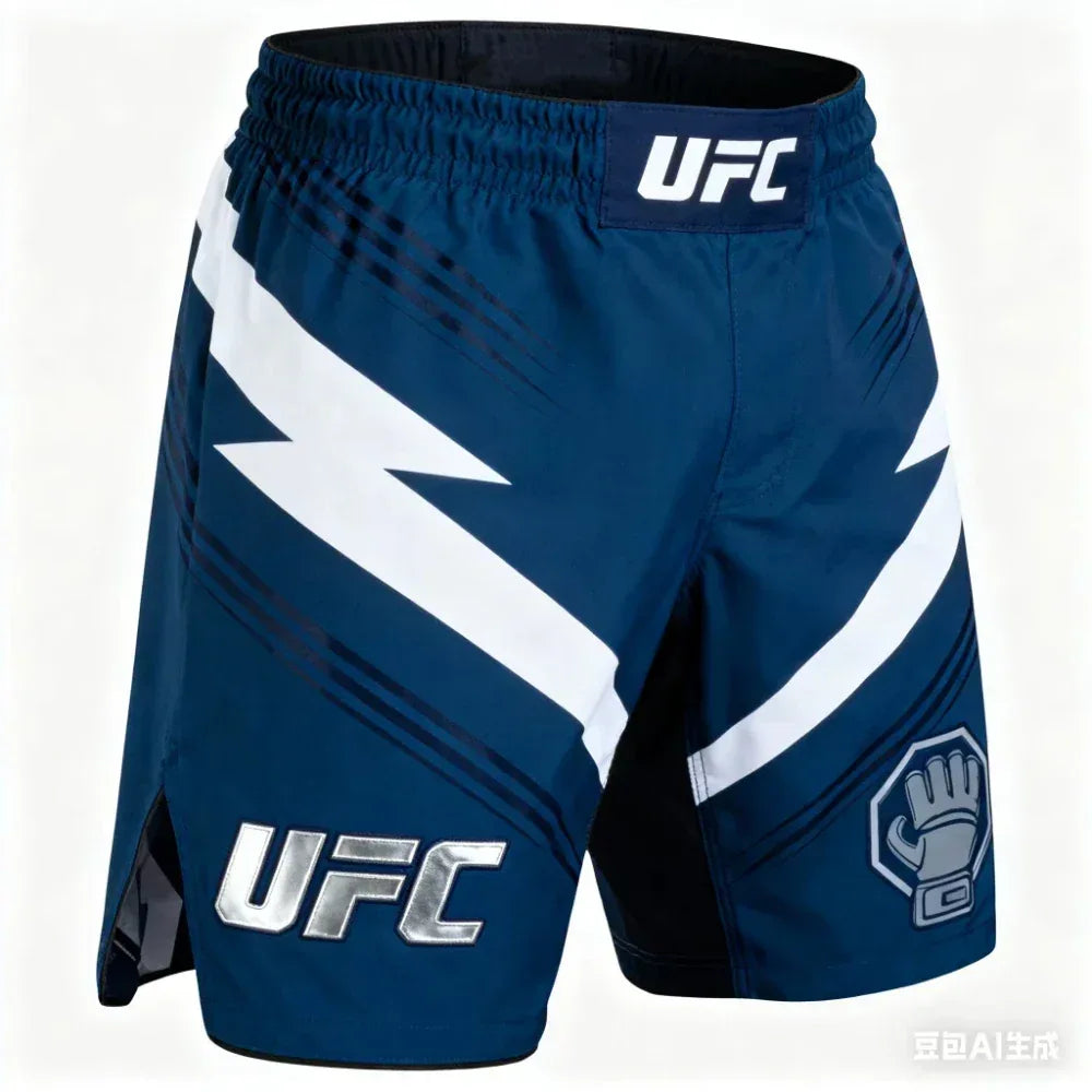 Blue UFC fight shorts with white accents on a white background
