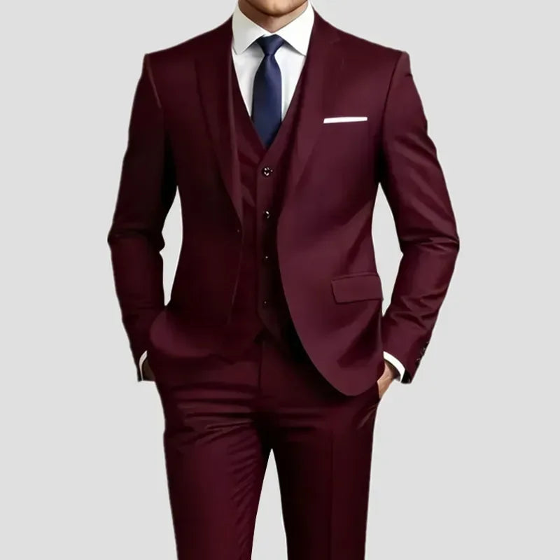 Elegant burgundy red slim fit 3-piece suit perfect for prom and evening formal wear - BetterPlace