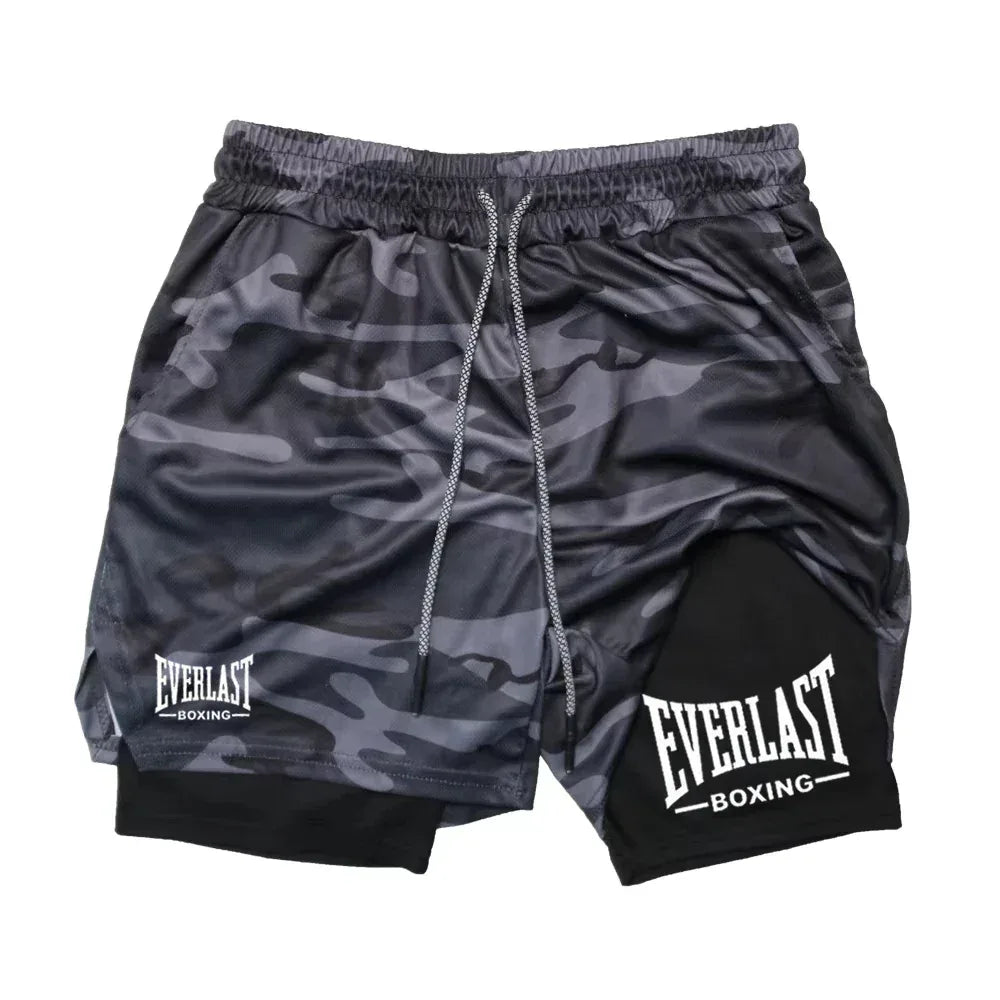 Camouflage shorts with Everlast Boxing logo on a white background