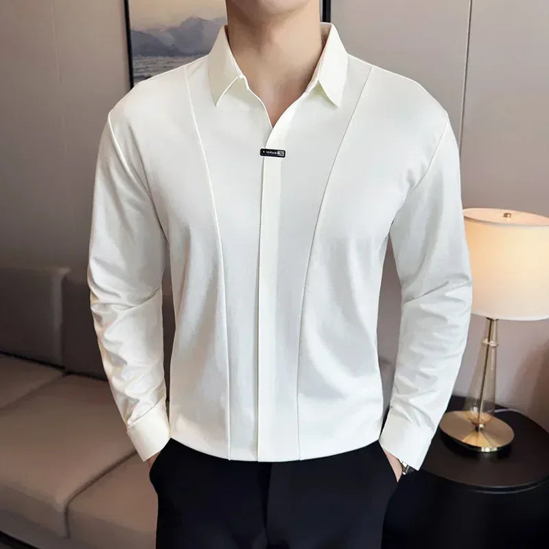 Front view of a men’s slim fit long sleeve dress polo in navy blue, featuring a tailored athletic fit and premium fine-knit cotton texture for business casual wear.