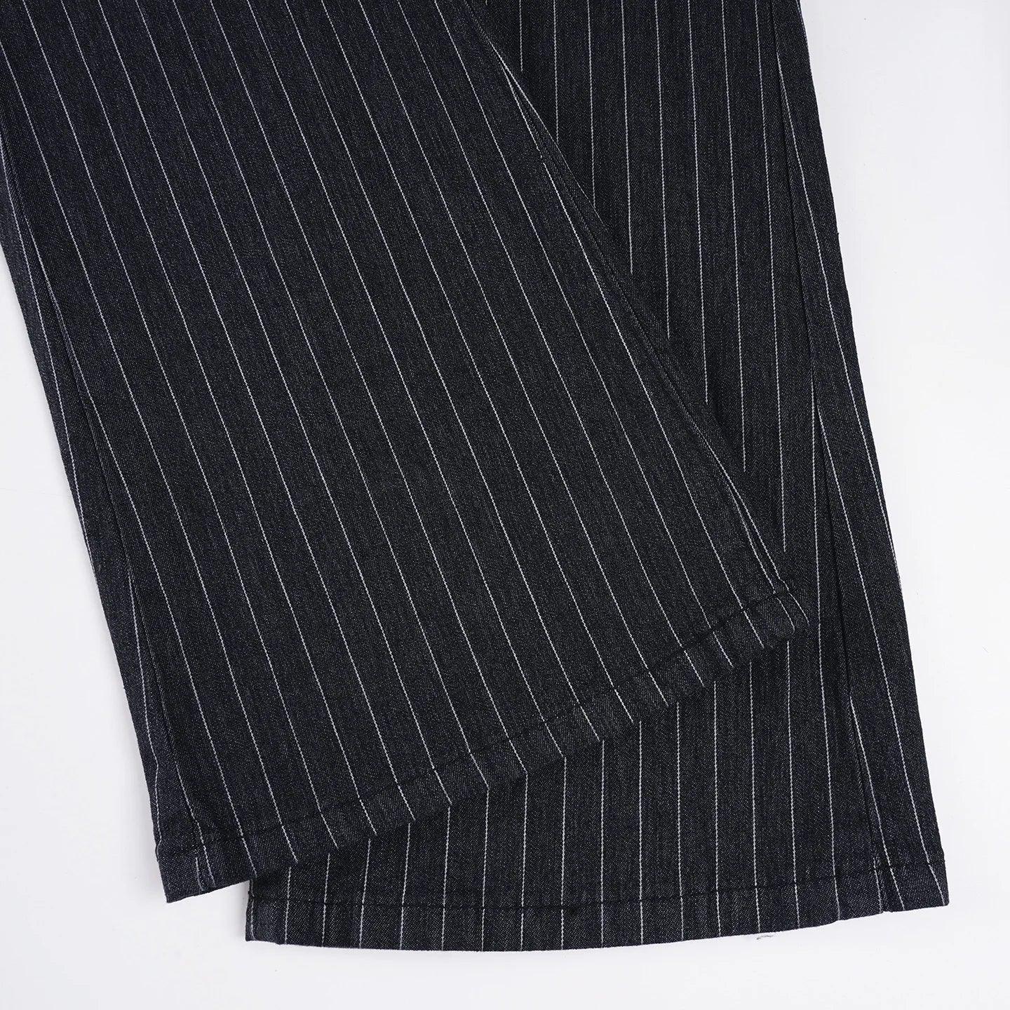 Black pinstripe suit jacket on a white background