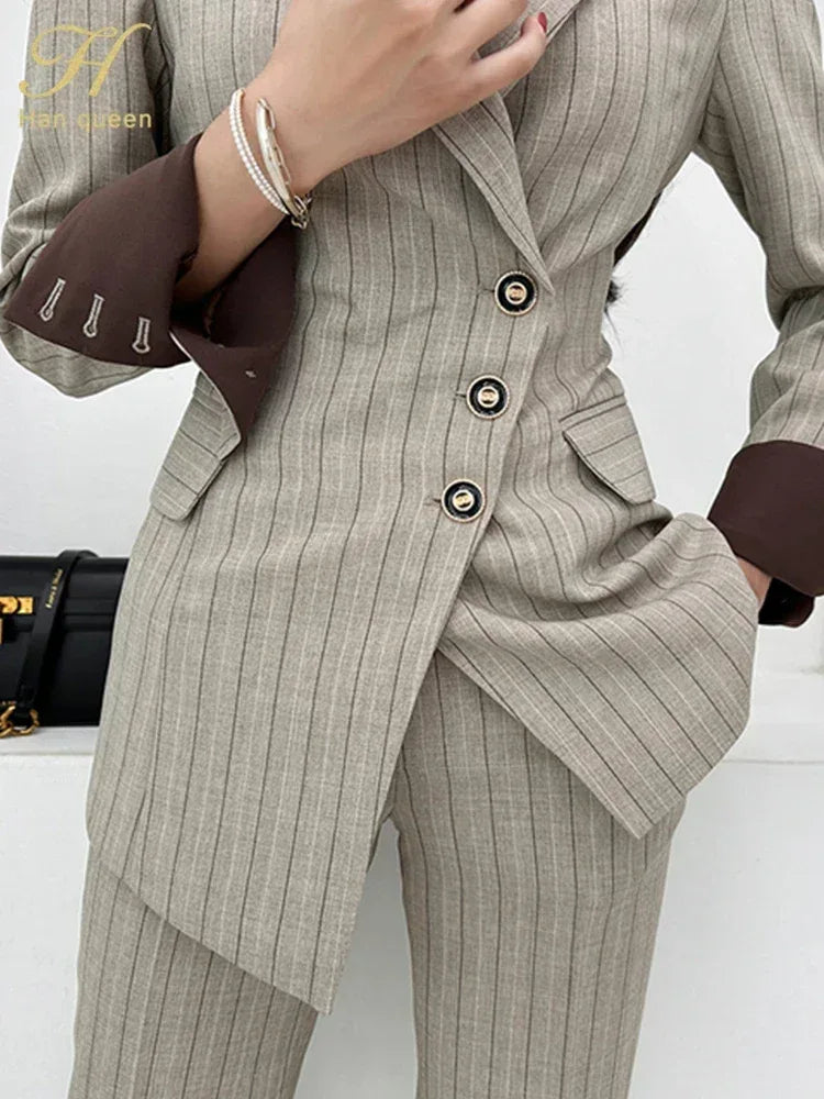 Person wearing a gray pinstripe suit with a white background