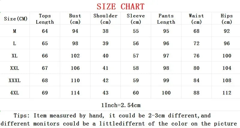 Size chart for clothing measurements in centimeters