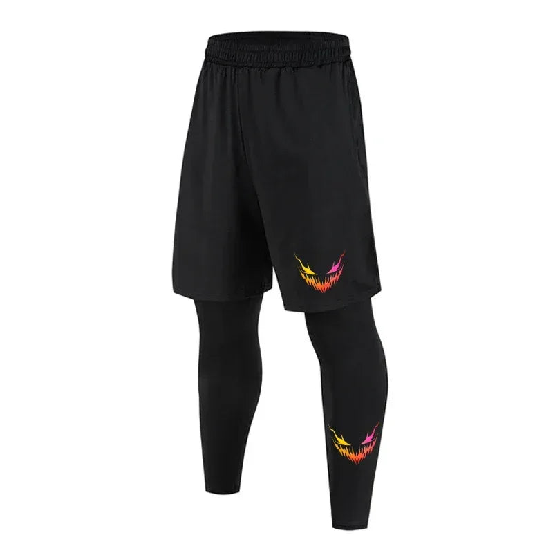 Black athletic pants with colorful smiley face designs on a white background
