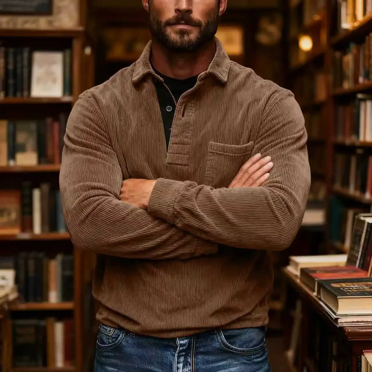 Man wearing a brown corduroy shirt in a bookstore