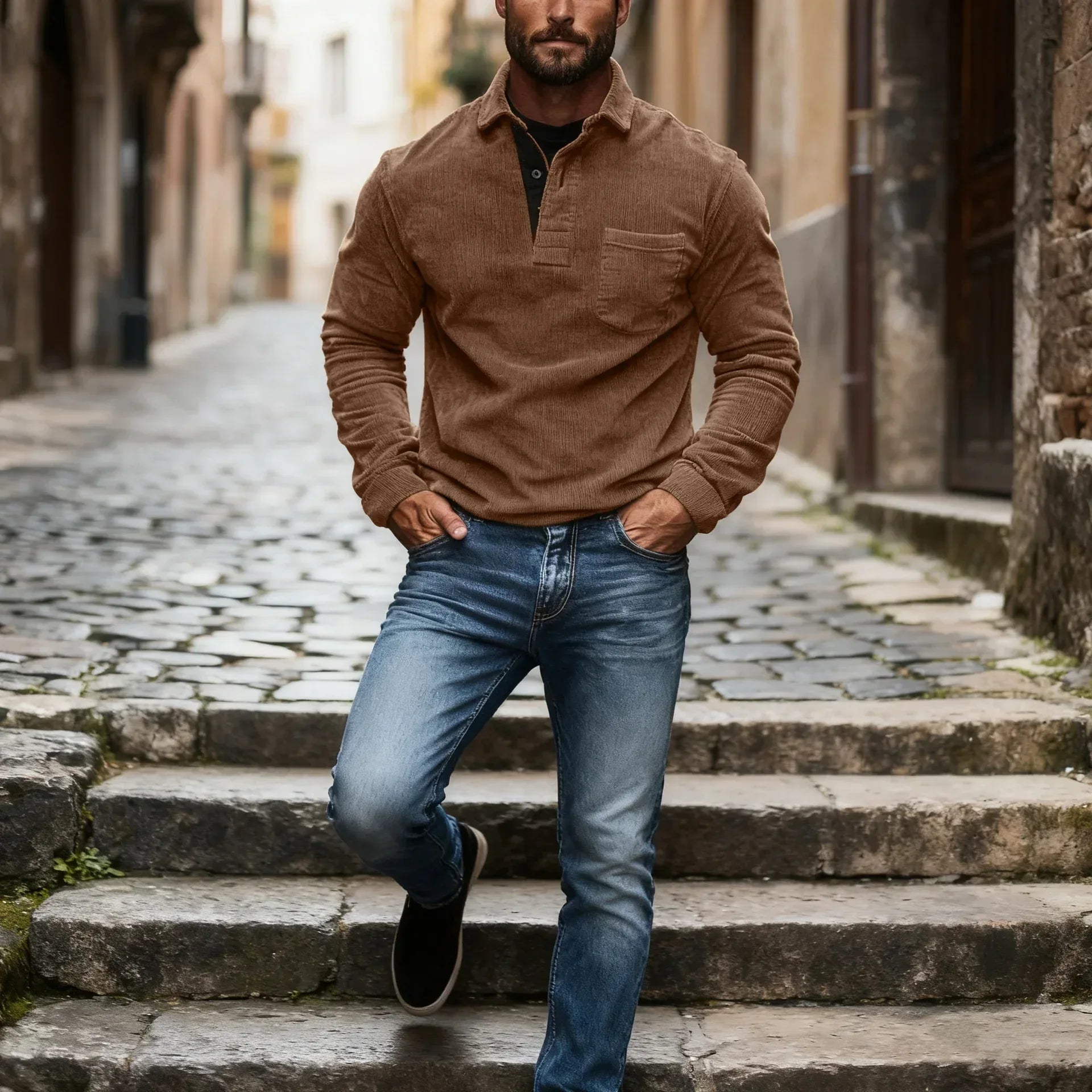 Man wearing a brown shirt and blue jeans standing on stone steps in an alleyway.