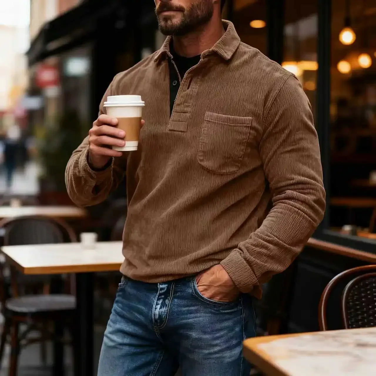 Man in a brown corduroy shirt holding a coffee cup in an outdoor cafe setting