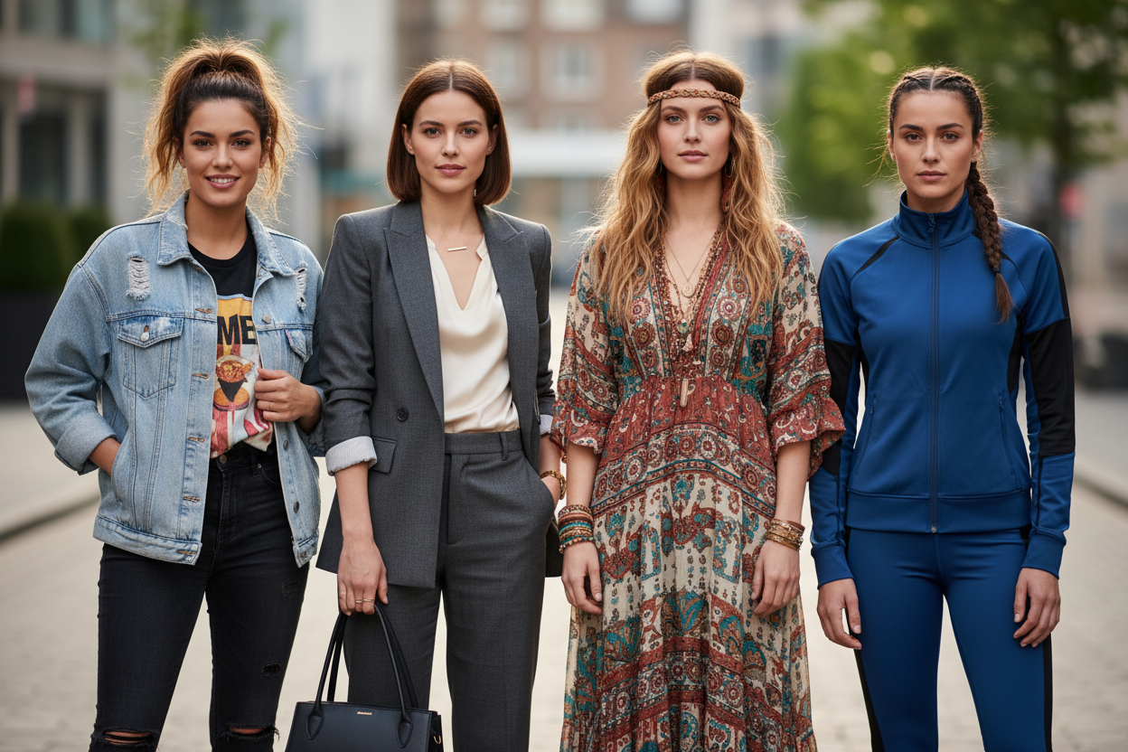 create an image of 4 women wearing 4 different styles of clothing standing side by side with a close up