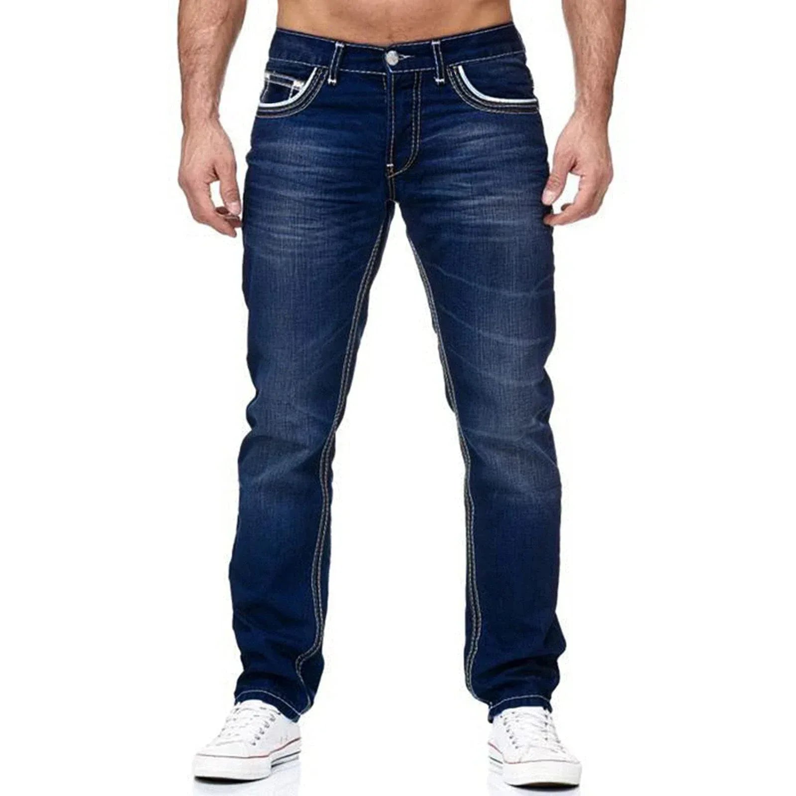 Blue jeans worn by a person on a white background